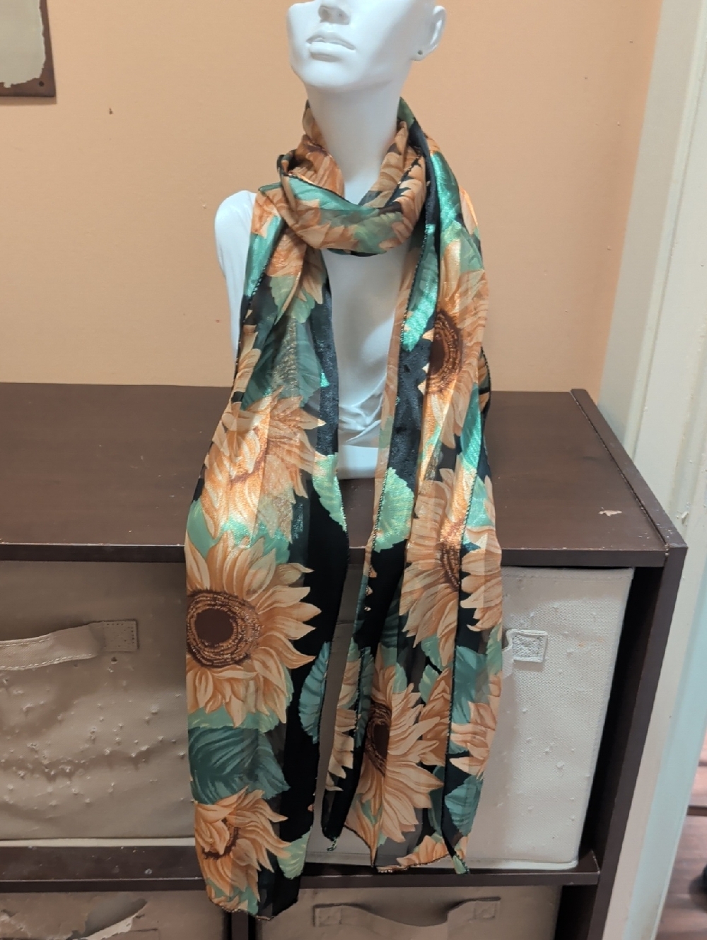 Sunflower Print Lightweight Scarf - Black, Gold & Green